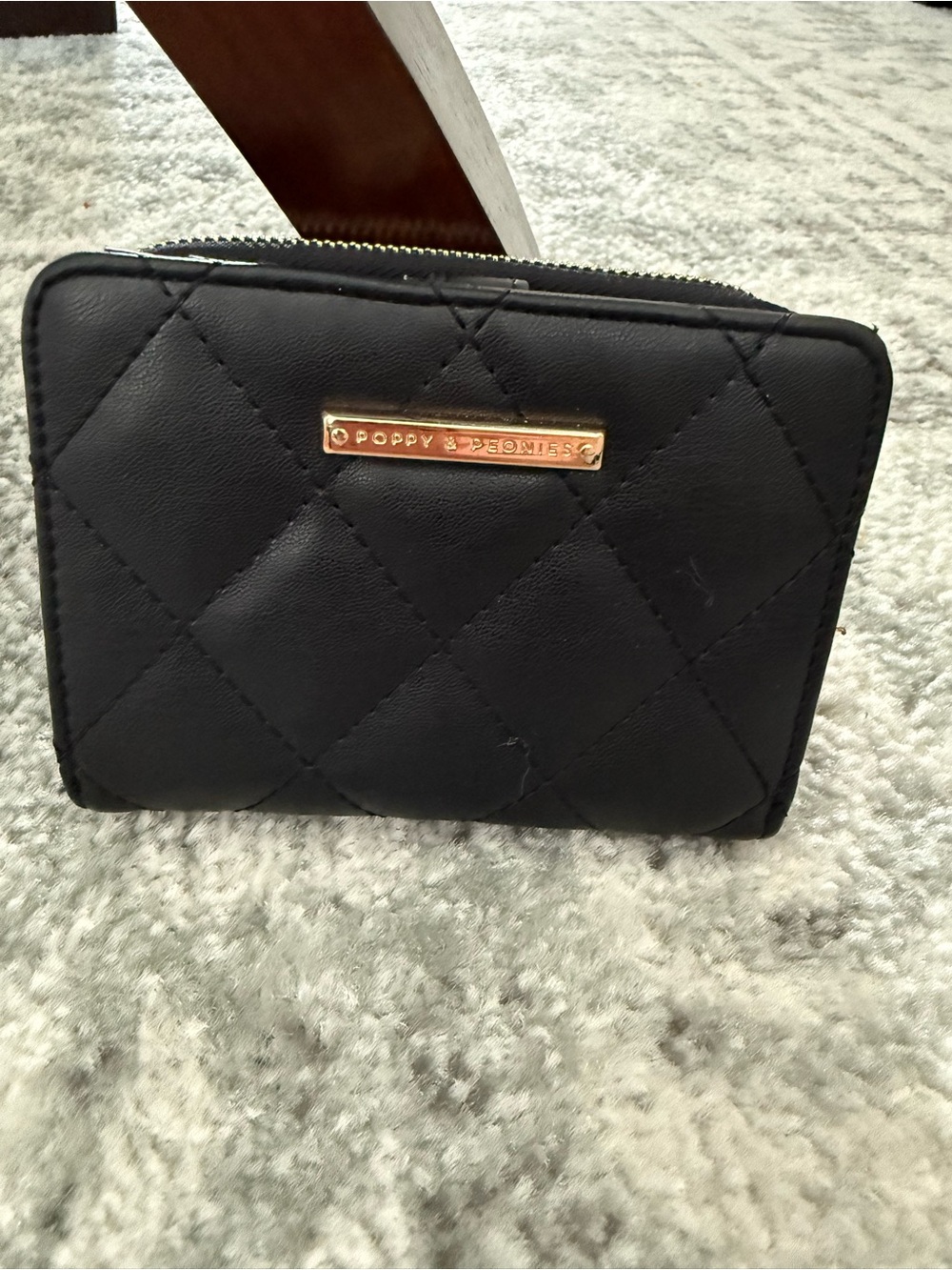 Poppy & Peonies Quilted Black Zip Wallet with Gold Logo